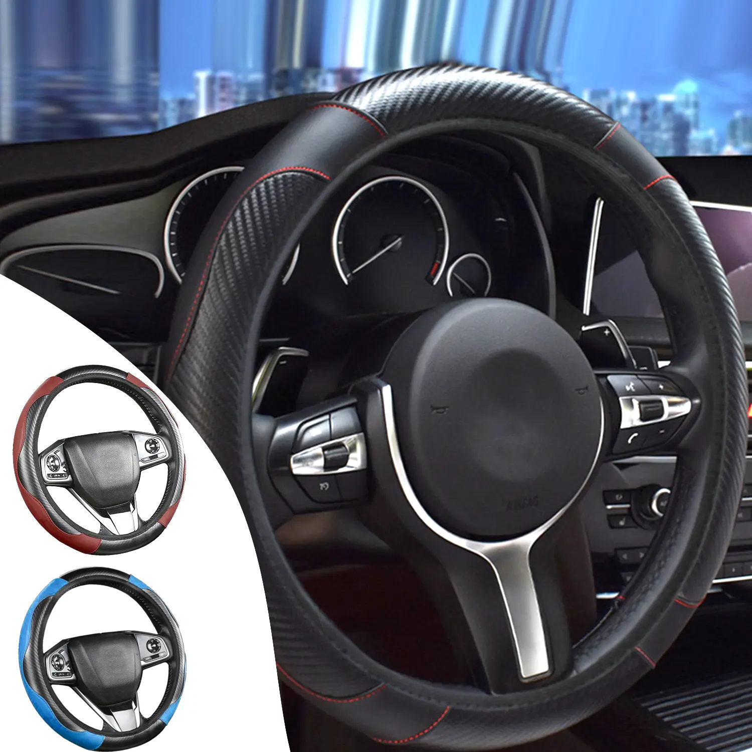 Car Steering Wheel Cover, Universal Carbon Fiber PU Leather Steering Wheel Non slip Design Protetive Cover, Car Accessories,Car Essentials,Men Gifts