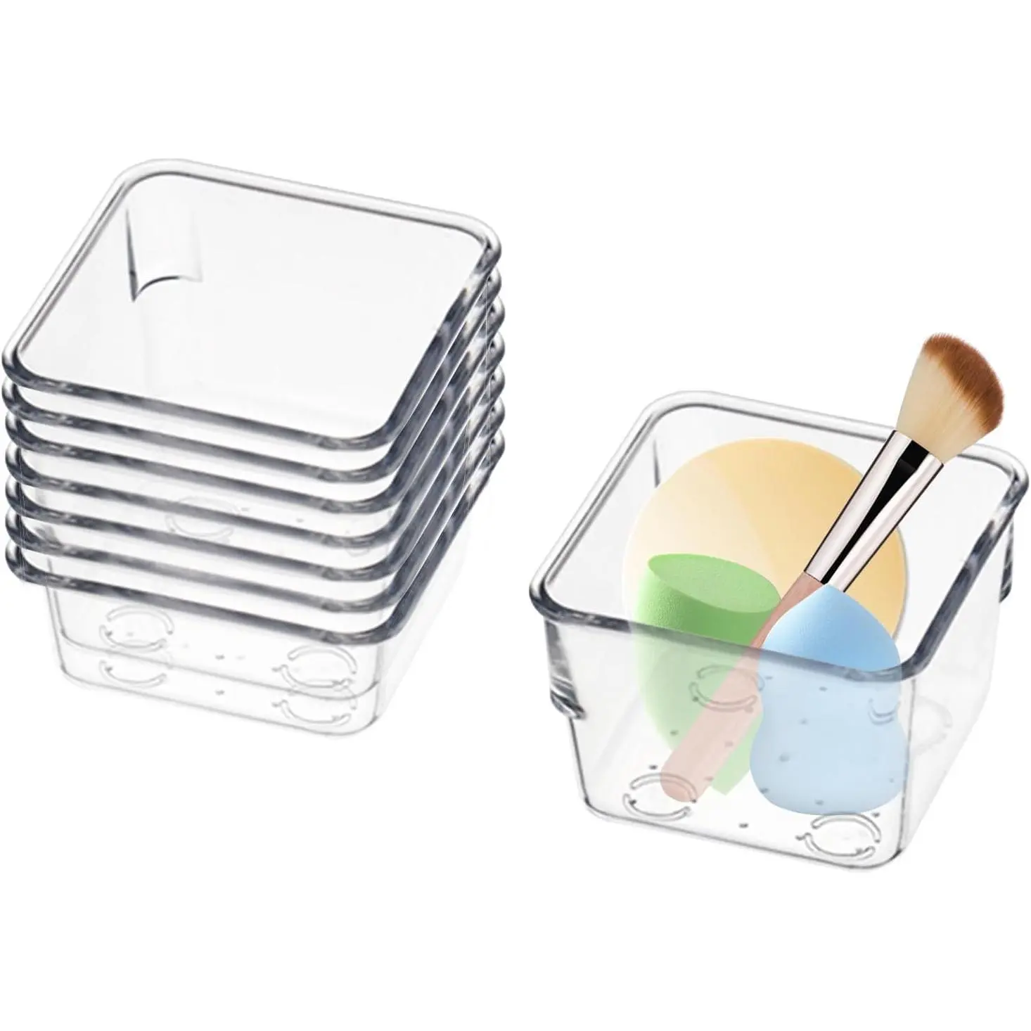 8 count Stackable Clear Drawer Organizers 3" x 3" x 2" Square Trays Small Makeup  Storage Bins Clear Desk Drawer Organization Container Dividers for Office Bathroom Kitchen Utensil