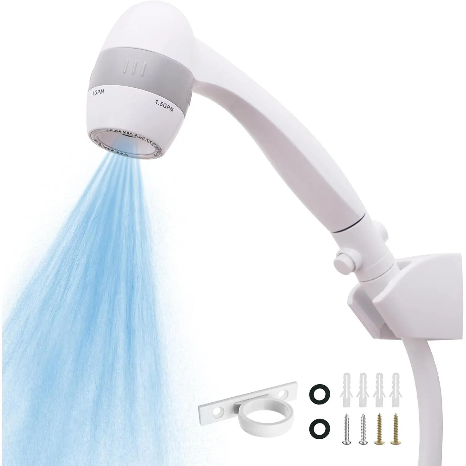 High  RV Shower  with Hose and  Off , 3 Flow Rate for Saving Water, White