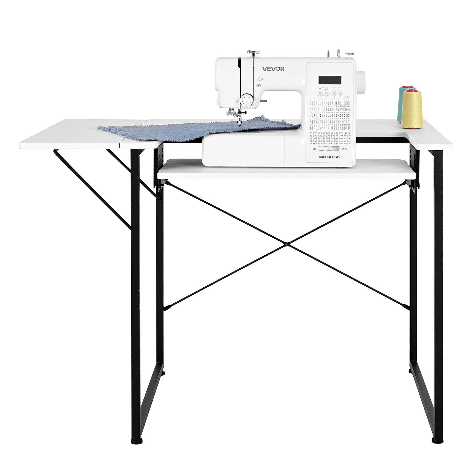 VEVOR Sewing Table, Multipurpose Sewing Machine Table with Foldable Side Shelf, Adjustable Shelf, Steel Legs, Computer Desk for Home, Fashion Studio, Art Studio, Educational Institution, White