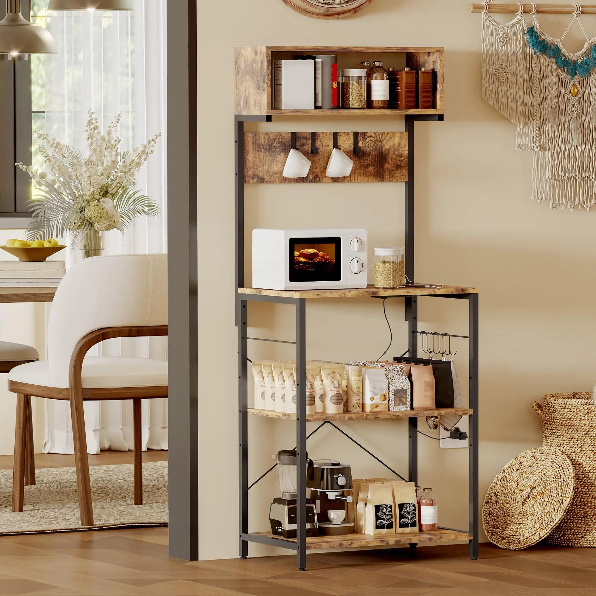 Garvee - Kitchen baker's rack with power outlet, microwave stand, 4-tier coffee station, kitchen storage shelf with 10 S-shaped hooks, shelf