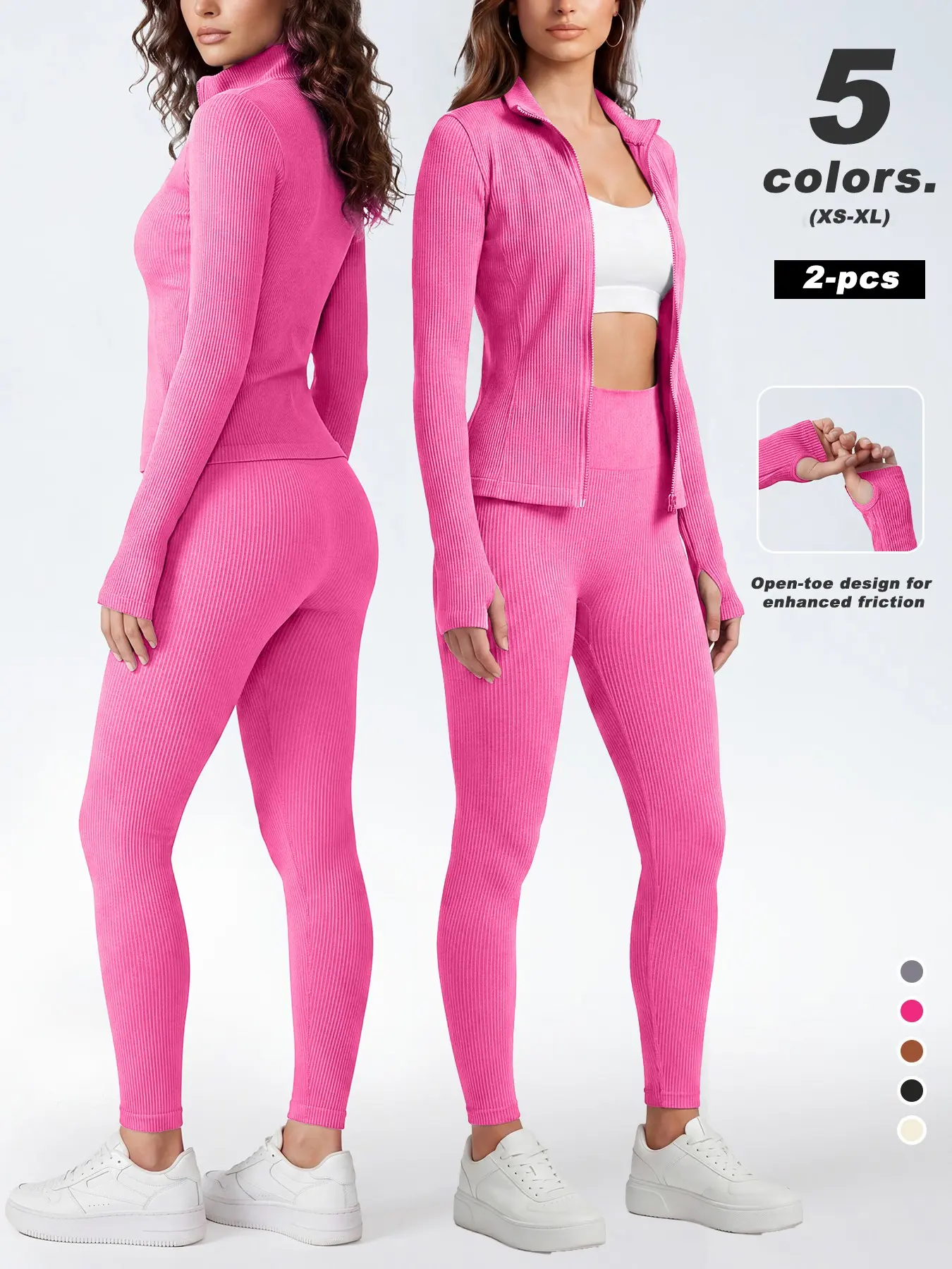 2 Pcs Women Ribbed Zip Up Stand Collar Jacket & High Waist Leggings Workout Suit, Thumb Hole Open Finger Cuff Slim Sculpting Stretch Summer Active Tracksuit Set for Gym Daily Casual Athleisure, Sport Casual Outfit, Workout Sets, 5 Colors XS-XL