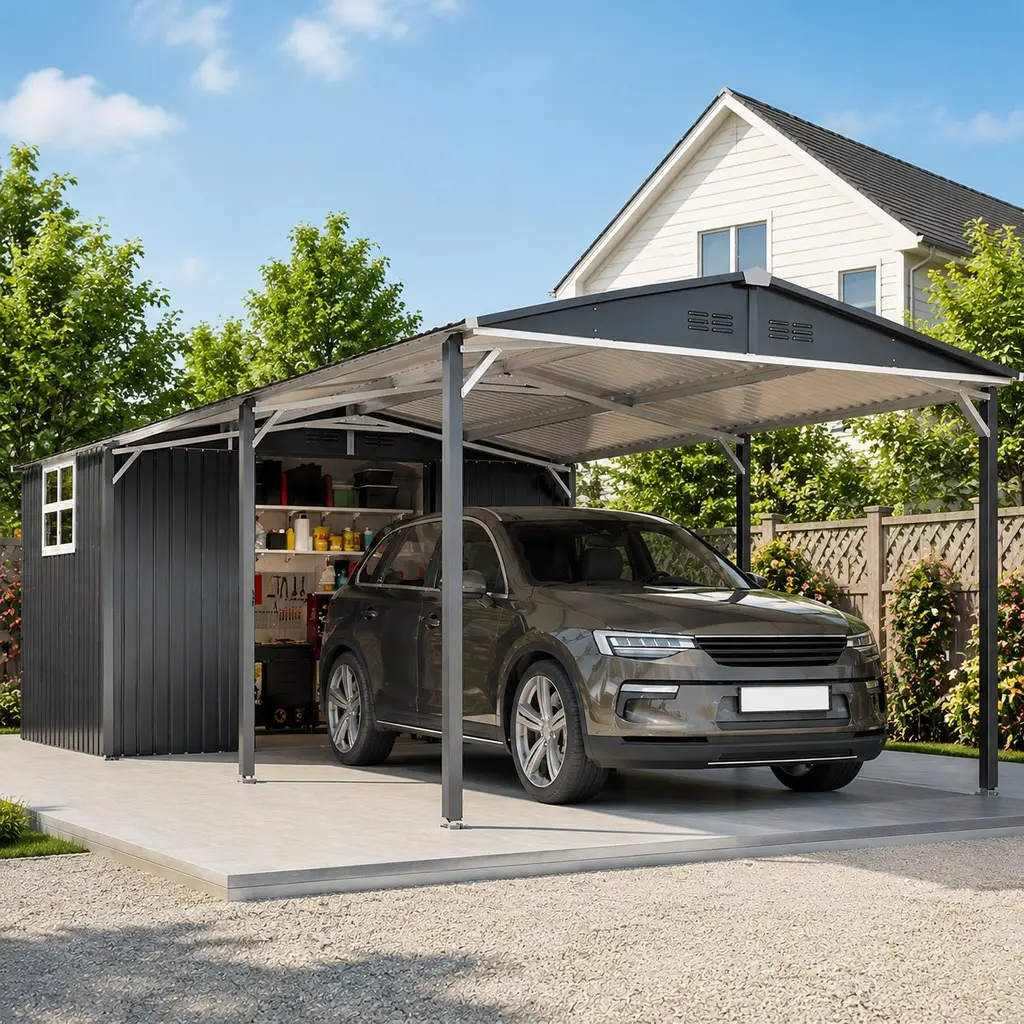 12'x23' Heavy Duty Metal Carport Storage Shed Combo, 12'x17' Open Carport + 12'x6' Enclosed Shed, 1.6in Steel Frame, Sliding Door, UV Panel, Waterproof Sloped Roof, Gray, 142.5"W x 276"D x 89"H