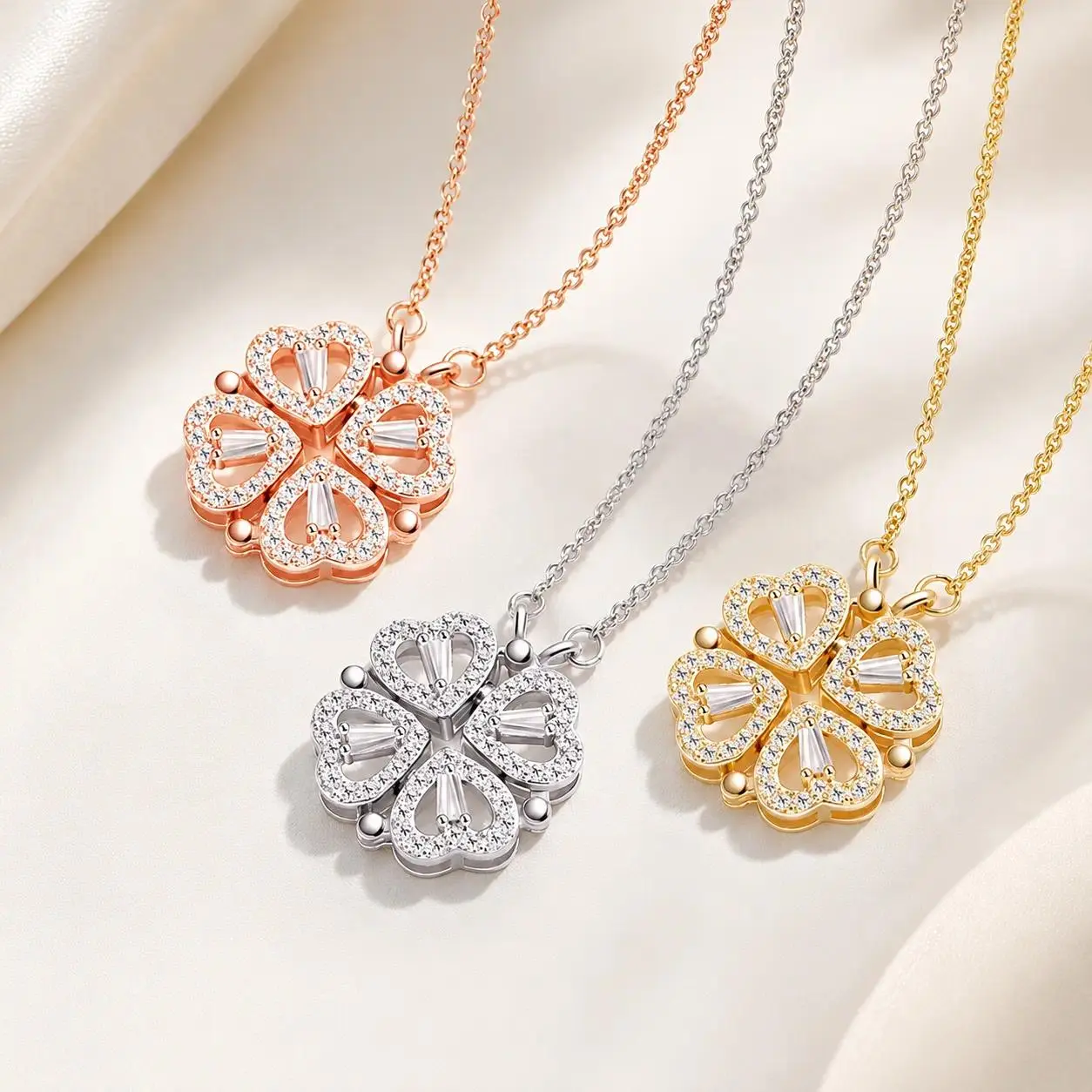 Women's 3pc 4-in-1 Convertible Magnetic Heart & 4-Leaf Clover Cubic Zirconia Necklace Set - Elegant 3-Piece Set with Cubic Zirconia Pendants, Ideal for Daily Wear, Women's Birthday & Anniversary Gifts, 4-In-1 Convertible Design
