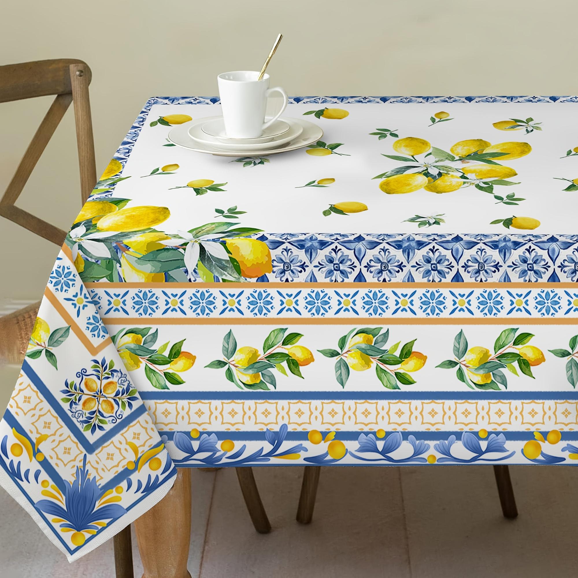 Elegant Mediterranean-Inspired Tablecloth with Fresh Lemon & Blue Floral Design - Polyester, Machine Washable for Dining Room, Living Room, Outdoor Decor