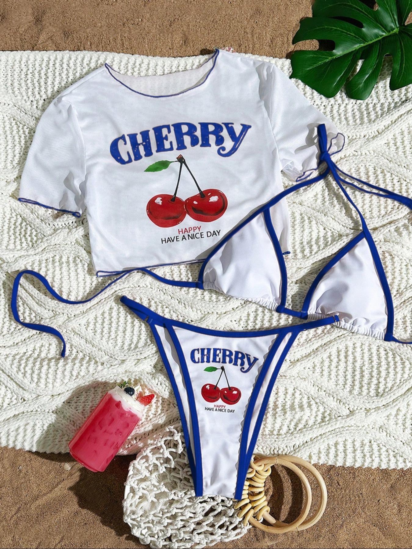 Women's Triangle Bikini Set, Cherry Print Tie Back Swimsuit, Triangle Bikini Top, Ladies Swimw