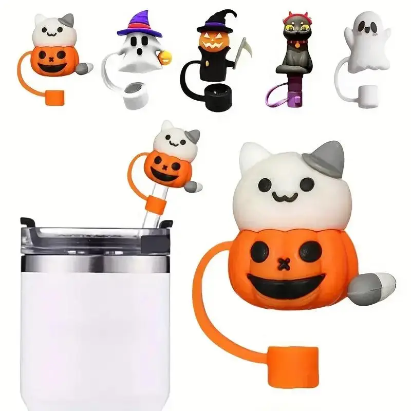 Halloween Themed Silicone Straw Cap, 5 Counts Cute Ghost Design Straw Cover, Straw Topper for Halloween Party, Party Decoration Supplies, Straw Toppers for Tumblers