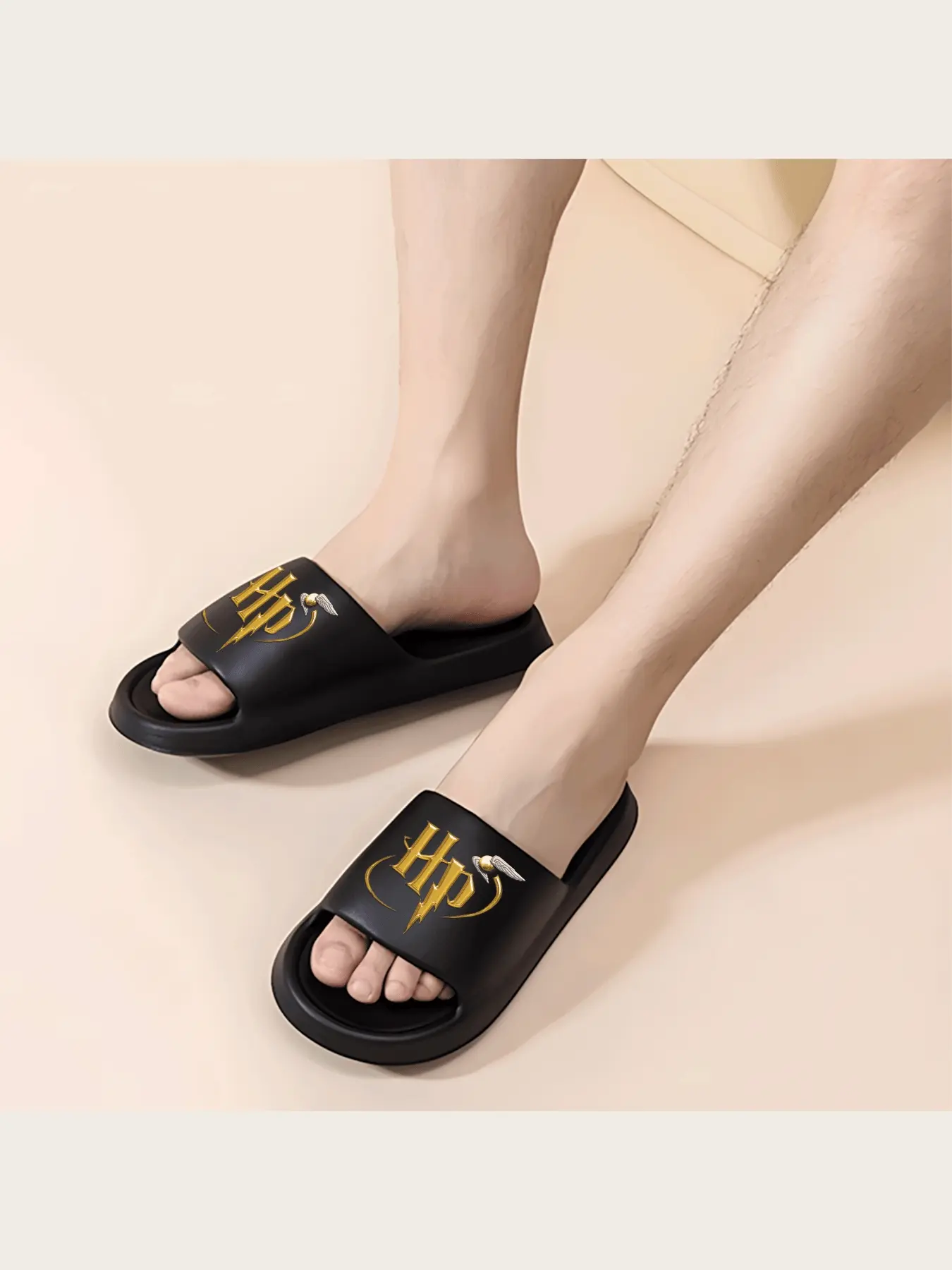 Harry Potter Inspired Fancy Dress Slippers with Golden HP Logo and Winged Snitch Design Soft Comfortable Indoor Shoes for Men Women Adults Fans Collection