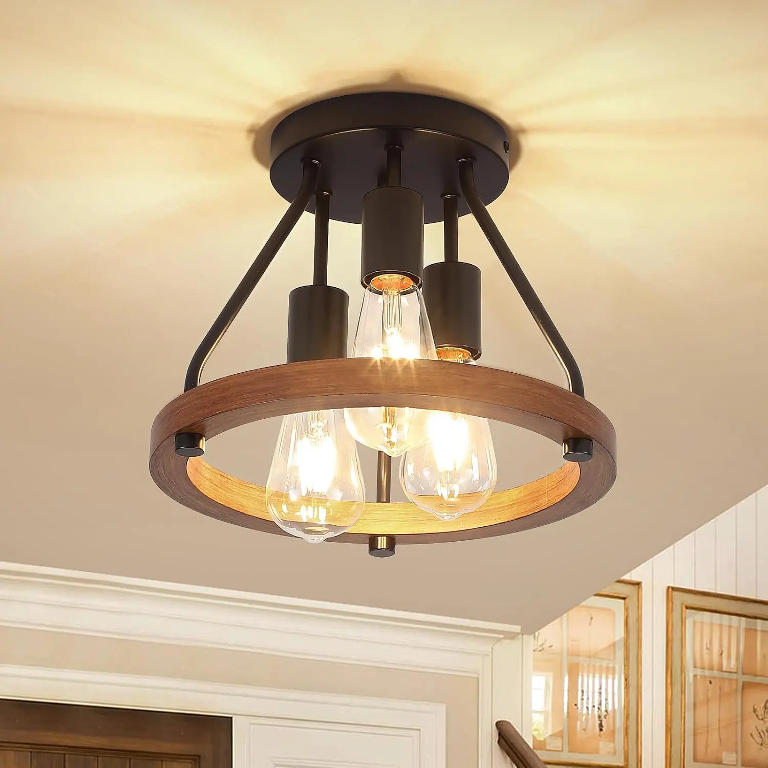 3-Light Modern Farmhouse Metal Wood Semi-Flush Mount Ceiling Light, Dimmable E26 Lamp for Home Spaces - Hallway, Kitchen, Dining Room