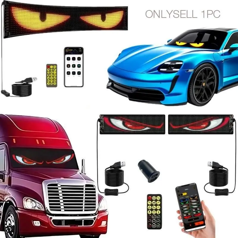Car Demon Eye LED Light Kit - 1 or 2 Sync Panels, Ultra-Thin Flexible Programmable LED Display, APP & Remote Control, Rolling Text/Animation, USB Windshield Atmosphere Light for Sedan/Truck