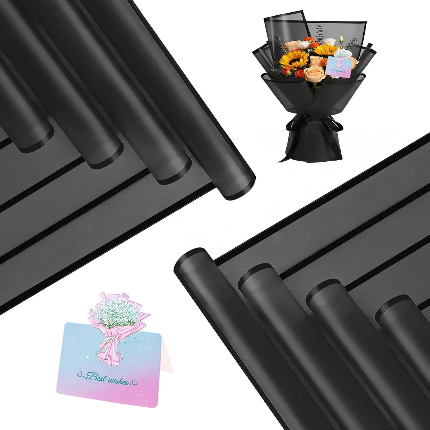20 Sheets Flower Wrapping Paper -  Black Floral Wrapping Paper for DIY Crafts, Florist Supplies Packaging for Wedding Birthday  (Translucent Black)
