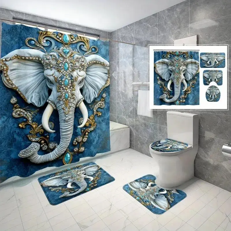 Elegant Blue Elephant Face Polyester Bathroom Decoration Set (1-Pack: 70.8w x 70.8l Shower Curtain, Non-Slip Floor Mat, U-Shaped Carpet, Toilet Lid Cover) - Free 12 Shower Curtain Hooks, Bathroom Partition Accessory, 70.8\W X 70.8\L (Pack Of 1)