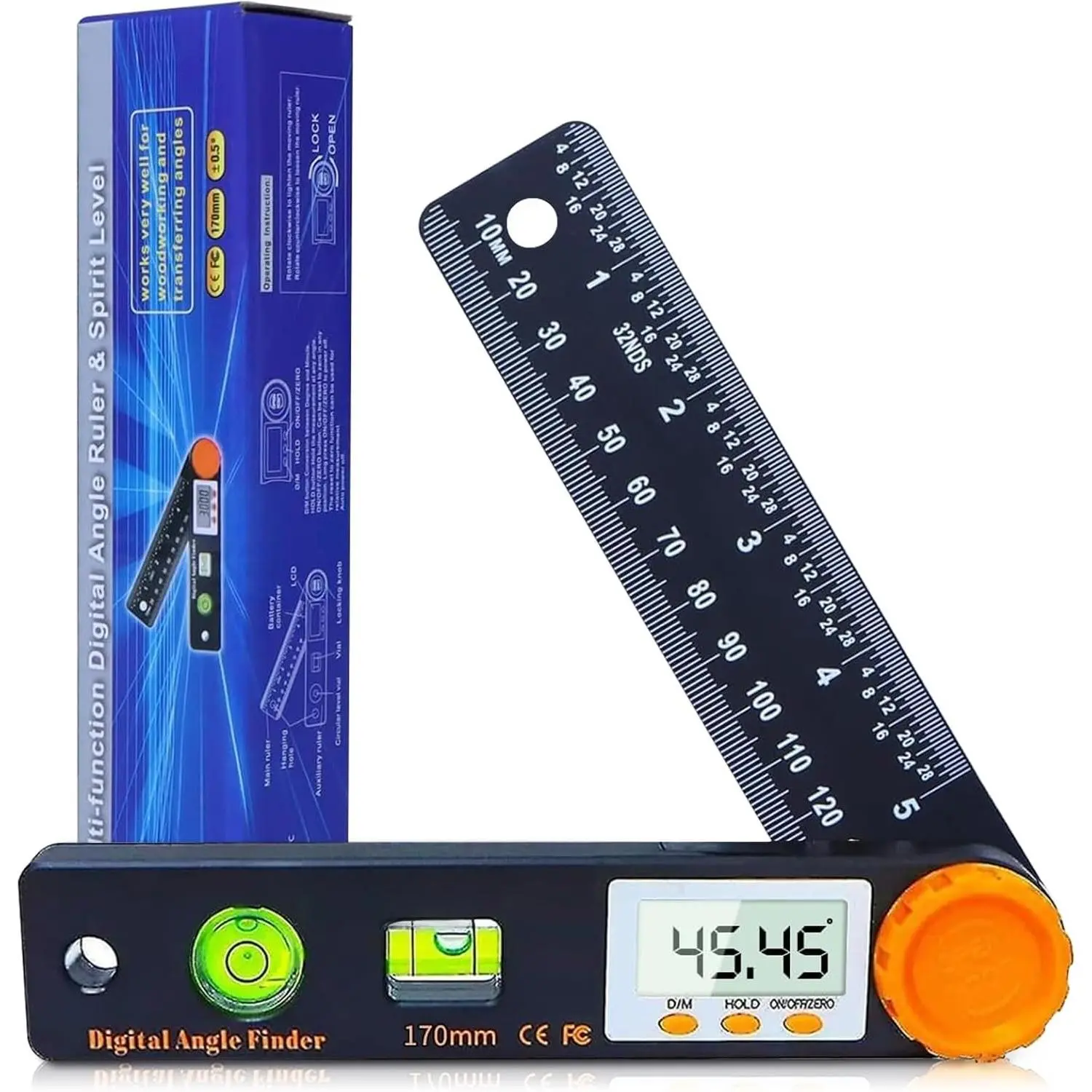 Digital Angle Finder Tool, 5 inch Pocket Protractor, 0-360 , LED Display with Horizontal Bubble Levels and Ruler Meter Accurate Tool for Woodworkers, Carpenters, Fabricators