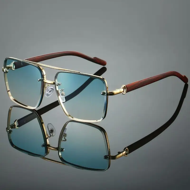 Men's New Full Frame  Glasses, Retro Dual Bridge Design, Imitation Wood Texture Temples, Metal Frame, Classic Fashion Decorative Eyewear, Trendy Vintage Eyeglasses,  Frames Eyeglasses