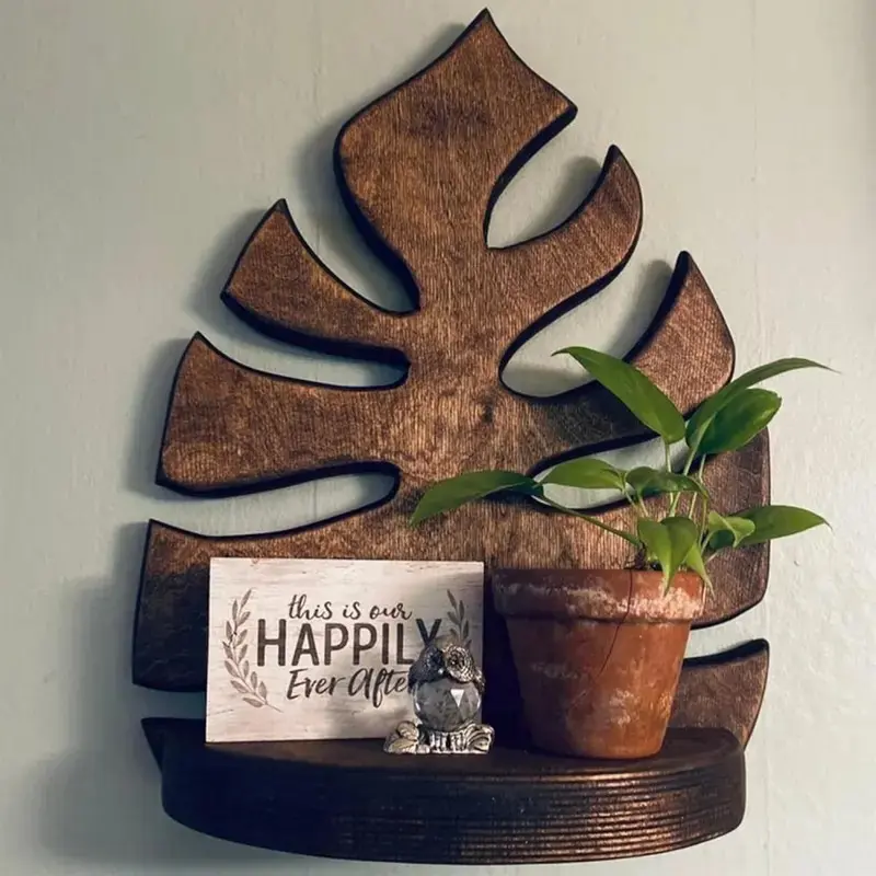 Rustic Wooden Wall Shelf, Natural Wood Finish, Decorative Living Room Floating Shelf with Leaf Design, Easy to Install, Vintage Home Decor