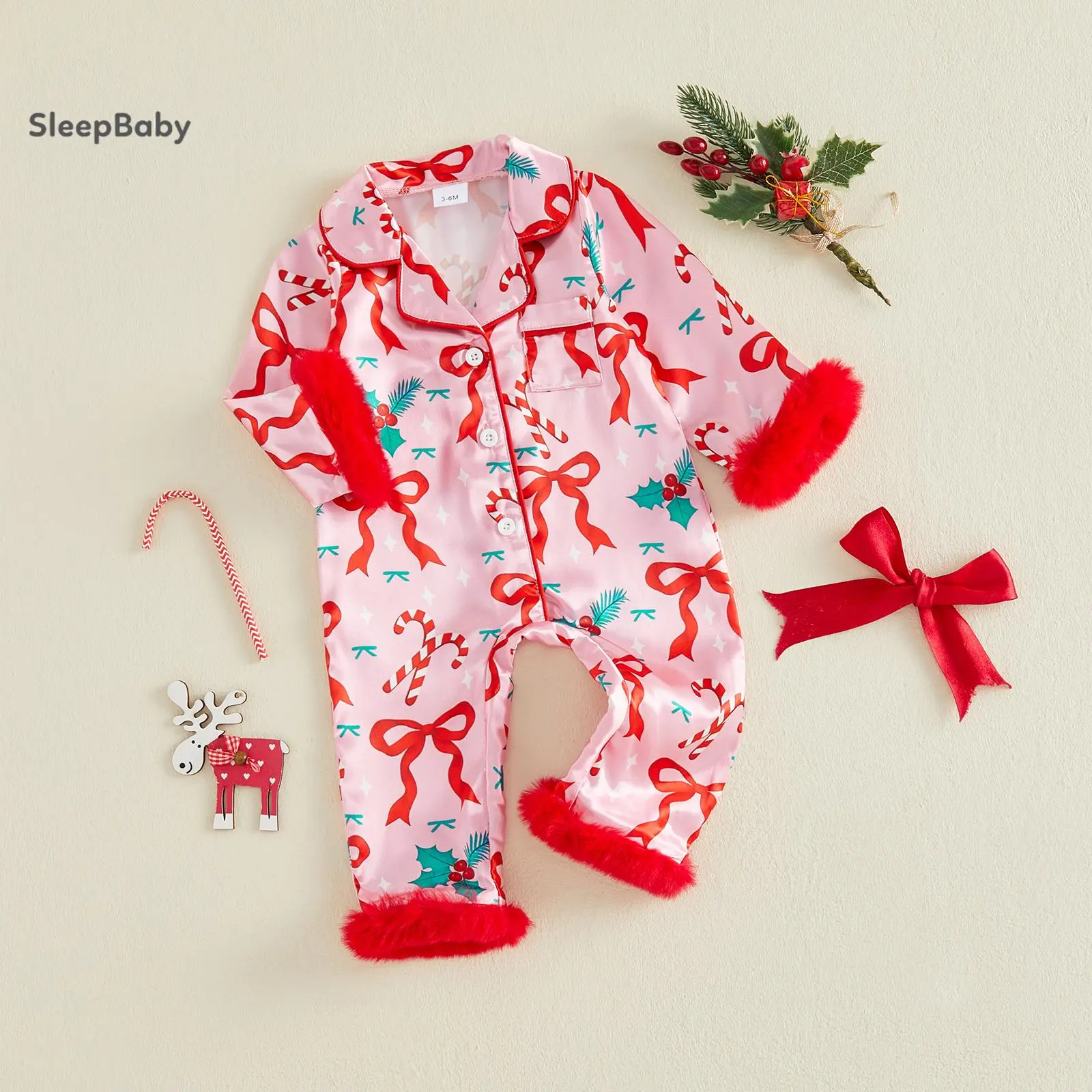 Baby Girls Christmas Pajamas Romper Adorable Bow Print Long Sleeve Lapel V Neck Button Down Sleepwear, Polyester, 0-3 Months