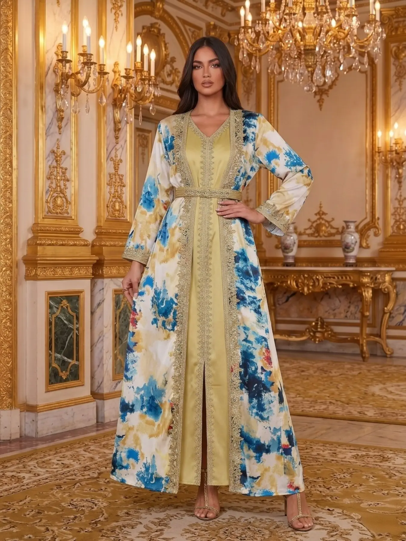 Middle East Cross-Border Satin Inner Outer Set, Blue Art Print Heavy Trim Slim Muslim Party Dress Long Skirt