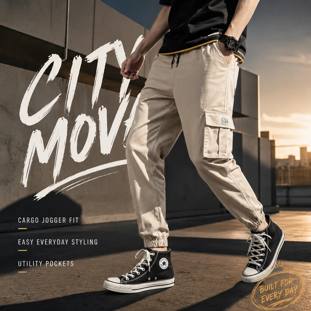 Men's Solid Color Cargo Pants with Drawstring Elastic Waist, Cropped Cuffed Casual Pants, Loose Fit Multi-Pocket Trendy Workwear for All Seasons