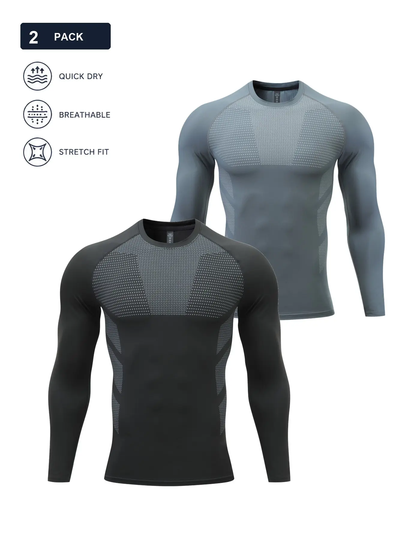 2-Pack Men’s Long Sleeve Compression Shirts, Black and Dark Gray Quick-Dry Breathable Moisture-Wicking Stretch Athletic Base Layer Tops with Body-Mapped Dot Graphics for Gym, Running, Football and Training