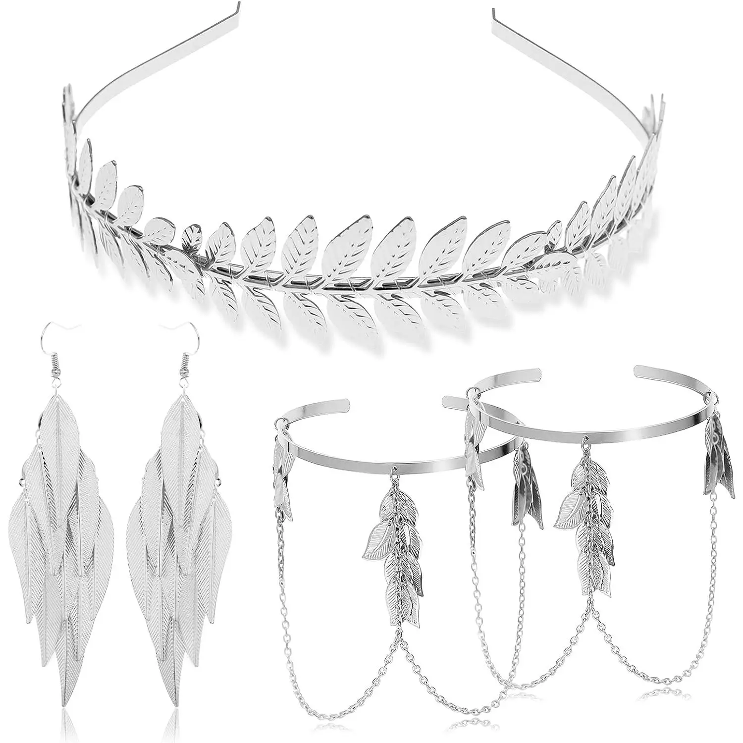 4 count Grecian Goddess Leaf Laurel Costume Accessories Set Roman Toga Party Headband Upper Arm cuff Bracelet Band Earrings  Women Golden