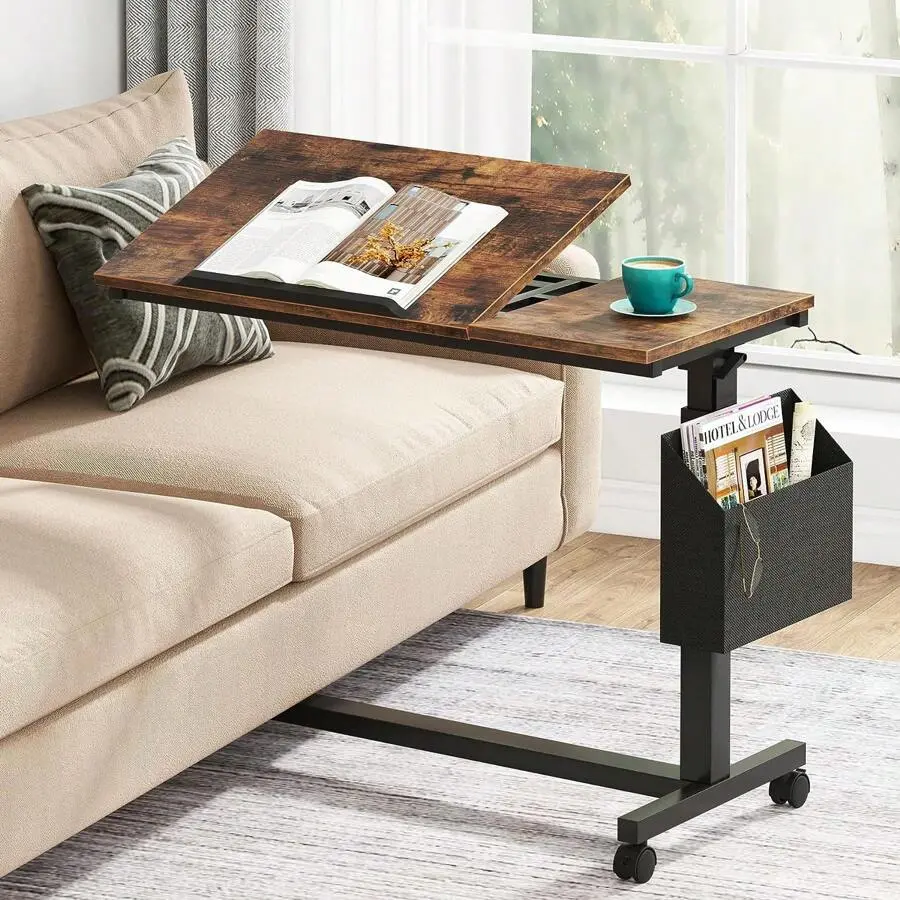 Height Adjustable C Shaped End Table With Wheels And Side Pocket, Mobile Sofa Table With Tiltable Drawing Board, Side Tray Table Couch Bed