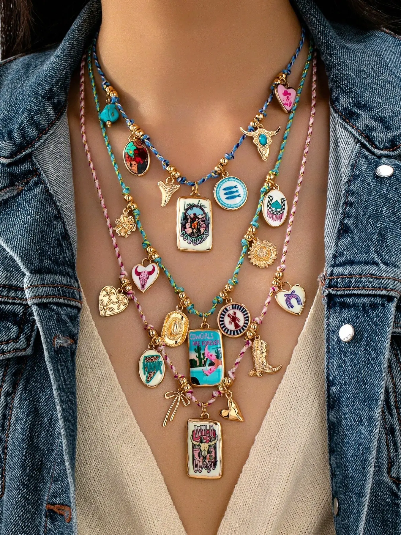 3Pcs Western Cowgirl Themed Layered Necklace Set - Multicolor Braided Cord Necklaces with Enamel Turquoise & Bull Skull Charms, Boho Country Statement Jewelry for Women, Boho Aesthetic