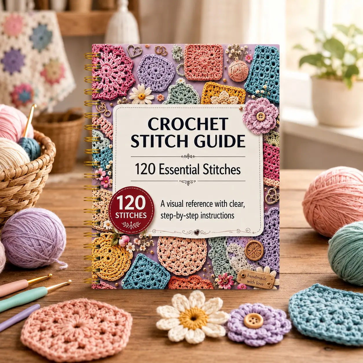 Crochet Stitch Guide Book, 120 Basic Stitches for Beginners, Step-By-Step Visual Tutorial, DIY Craft Manual, Creative Handmade Projects