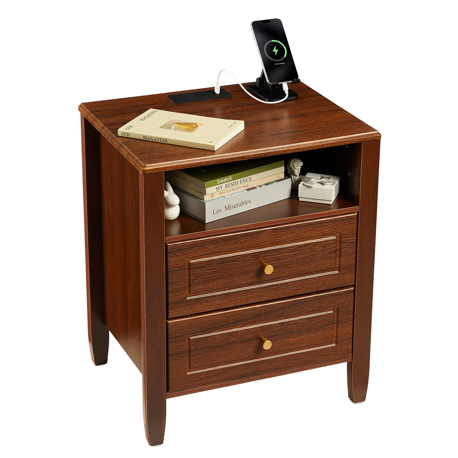 Bedside Table with Charging Station – 2 Drawers & Open Shelf, Tapered Legs, Gold Knobs – Compact Side Table for Bedroom, Living Room – Maple Wood, US Socket