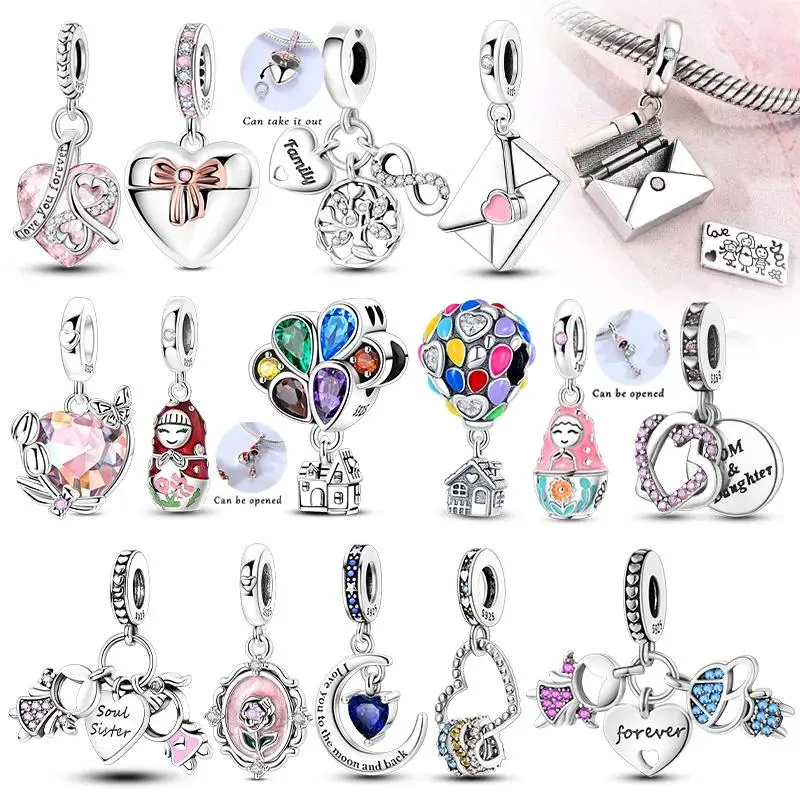 925 Silver Heart Shapes Charms Beads Pendant - Family Theme, Metal Coating, Fits Original DIY Bracelet, Mother's Day Fashion Jewelry Gift for Women