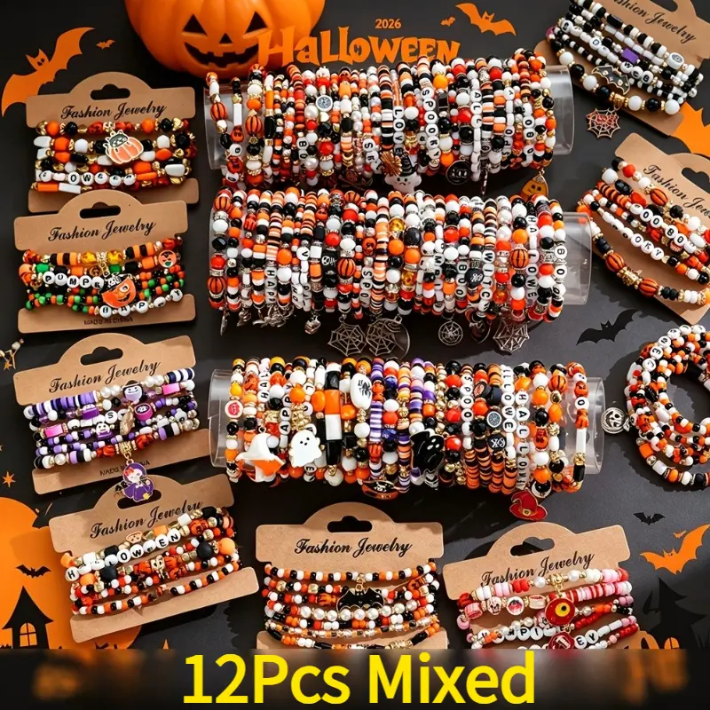 12-Piece Unisex Halloween Bracelet Set, Spooky Beaded Stackable Bangles with Pumpkin & Skull Motifs, Stretch Party Jewelry, Halloween Party, Casual Wear, Bracelet Stacks, Pumpkin Skulls, Spooky Motifs, Stretch Beads