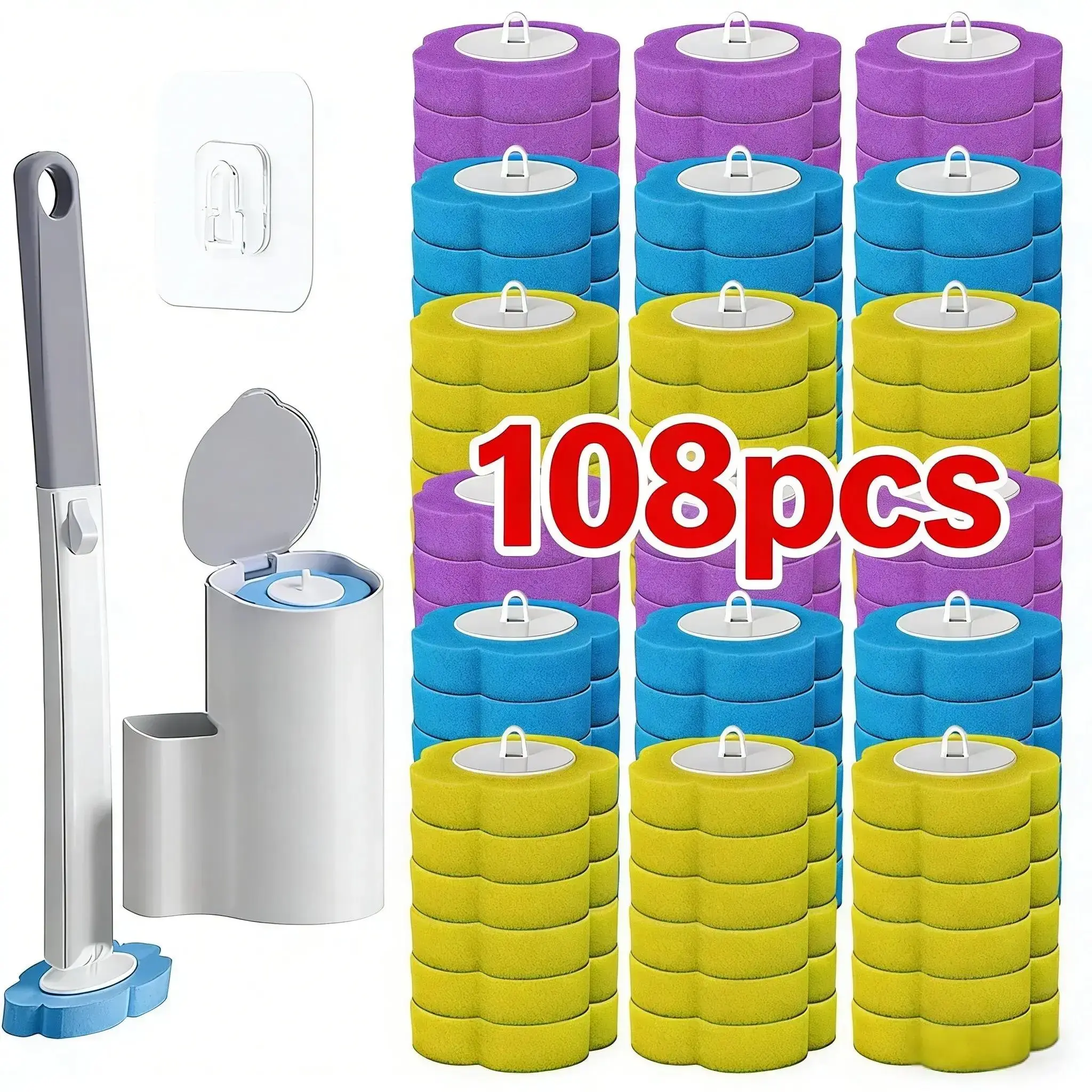 Disposable Toilet Brush Set, 1pc + 108/54 Replacement Heads with Base, Wall-Mounted or Floor-Mount Toilet Cleaning Tool for Bathroom Use