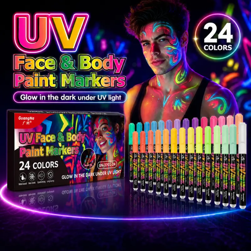 Glow in The Dark Face Paint Markers, 24 Colors Black Light Neon Body Paint Pens, Washable Removable UV Temporary Tattoo Markers for Skin, Halloween Makeup, Glow Party Supplies, Easter Basket Stuffers