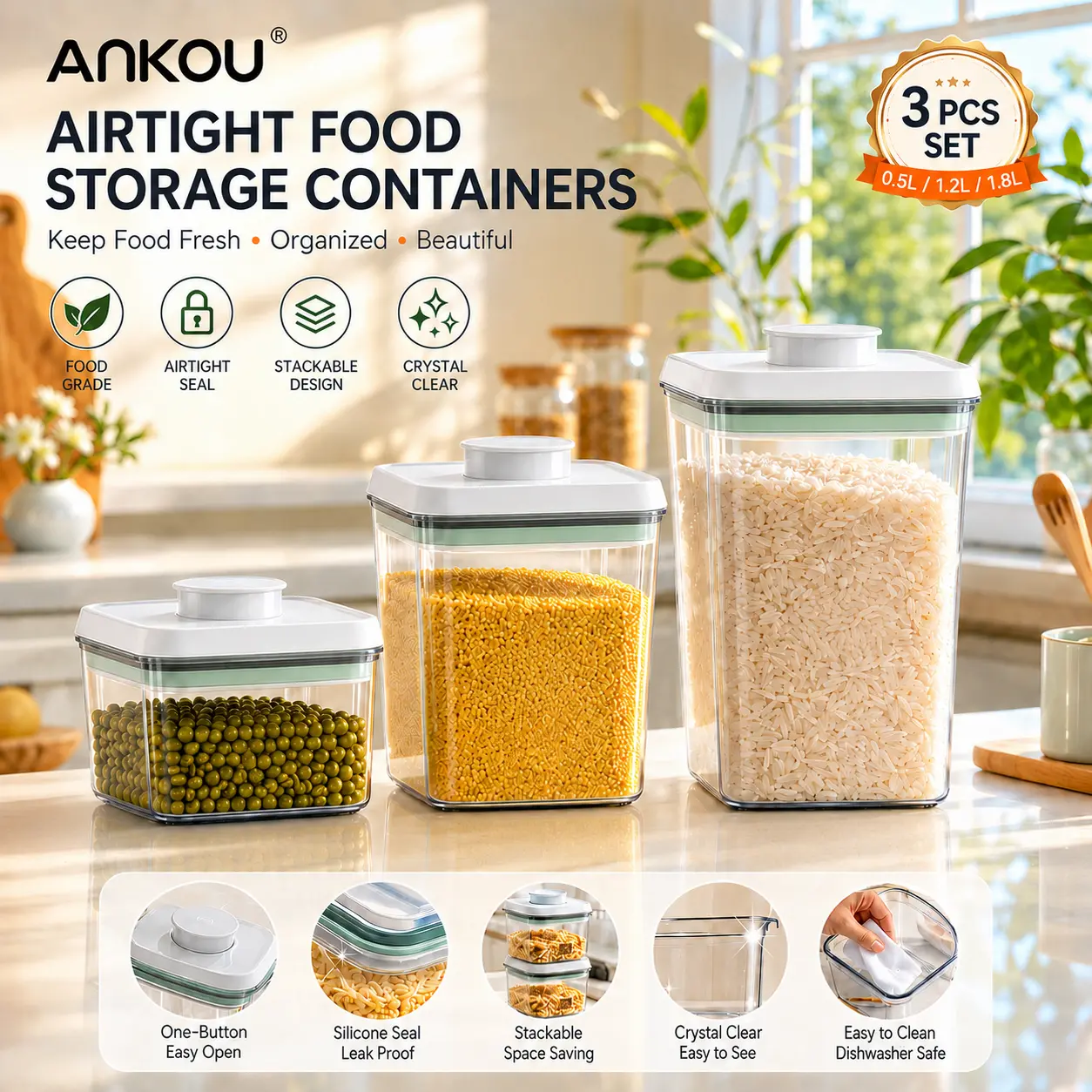 ANKOU 3-Piece Airtight Food Storage Containers Set - BPA-Free Stackable Storage Bins with Airtight Seal, Kitchen Pantry Organizer for Cereal, Flour (0.5/1.2/1.8 QT)