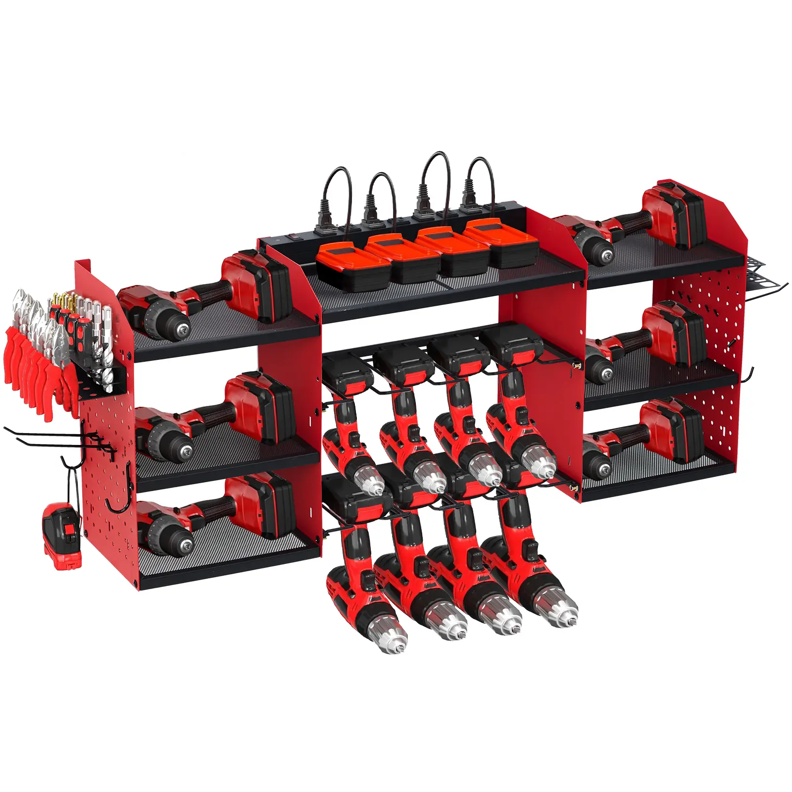 Basic Power Tool Organizer Wall Mount 4 Tier 8 Drill Holder Garage Storage Rack for Cordless Tools Workshop Bench and Tool Room Organization