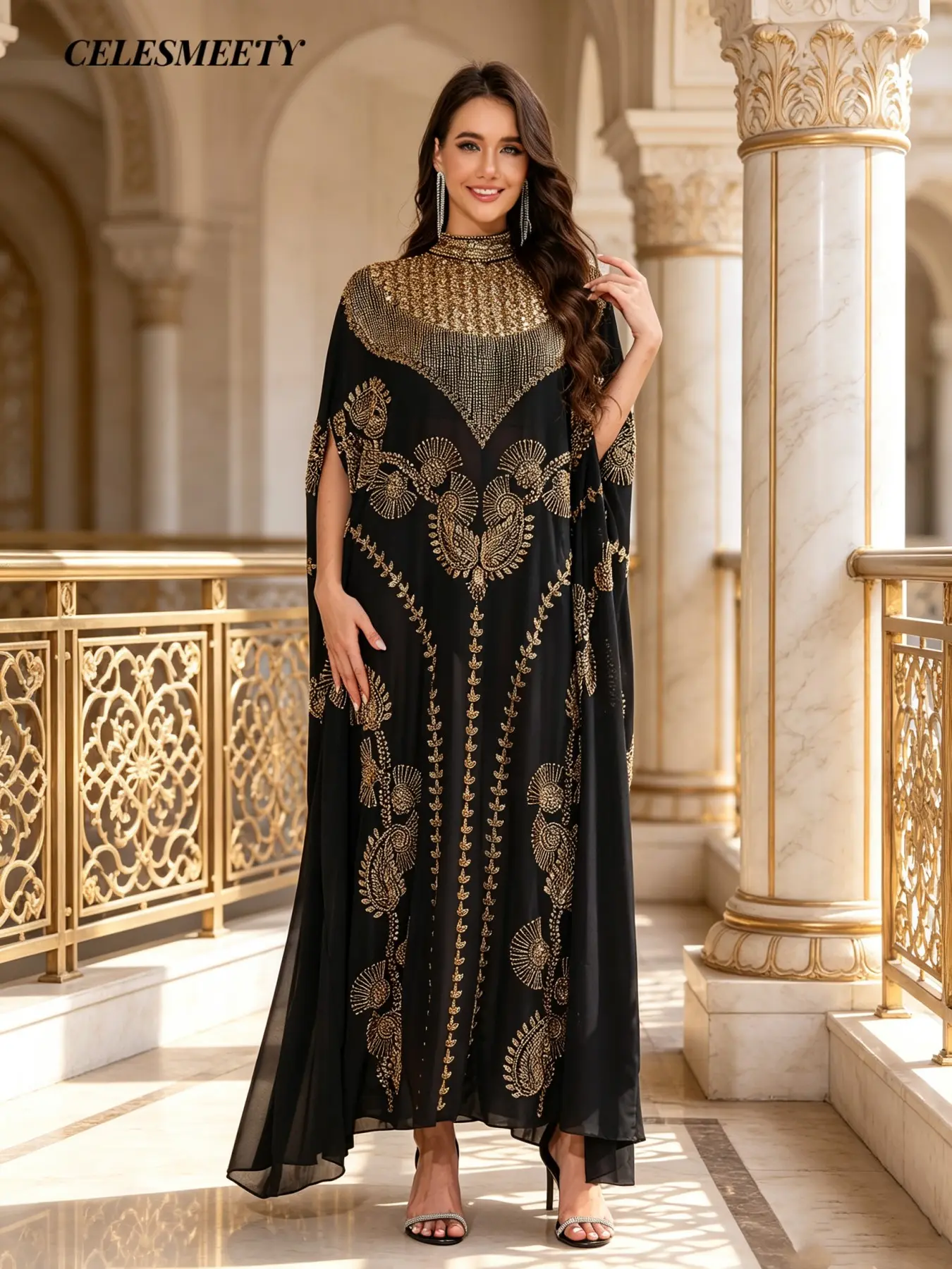 Celesmeety Muslim Abaya Dress, Sequin Long Robe, Elegant Islamic Fashion, Modest Muslim Outfits, Abayas For Eid, Perfect for Weddings and Parties, All-Season Loose Fit, Modesty Wear