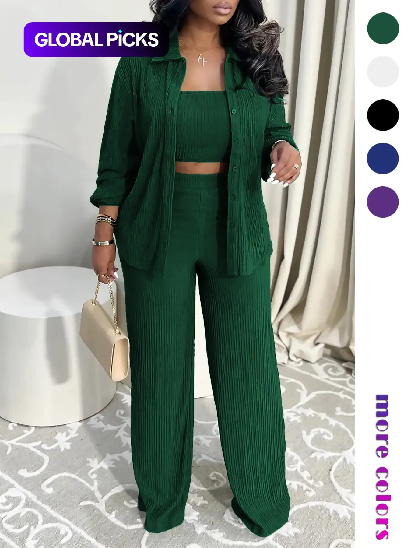 Women's Elegant Minimalist Three-Piece Set, Vacation Style Solid Color Pleated Fabric, Lapel Pocket Front Button Casual Shirt Top and Strapless Tank and Straight Leg Pants Suits, Womenswear