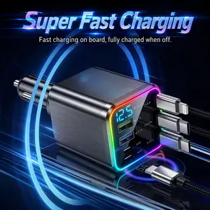 120W Max 7-in-1 Retractable USB C Car Charger - QC3.0, PD2.0, 3 Tangle-Free Cables, 4 Extra Ports, Starry Sky Light Galaxy Projector, LED Voltage Display, Smart Chip - High Efficiency Charger, Fast Charging Solution for Cars, iPhone, Samsung, Android