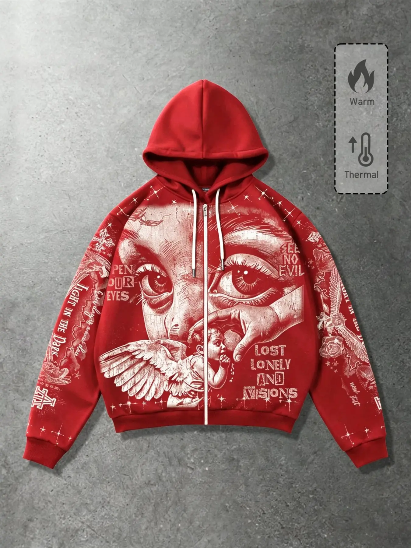 Men's Retro Angel Pattern Zip-Up Hoodie, Oversized Dark Street Style Hoodie with Vintage Distressed Art Print