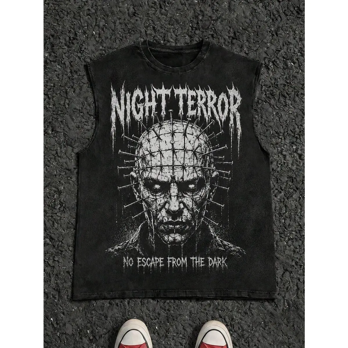 Men's Unisex Oversized Sleeveless Crew Neck Tank Top - Gothic Hellraiser Theme, Pinhead Art, Slasher Print Streetwear Retro Horror Casual Top for Film Lovers