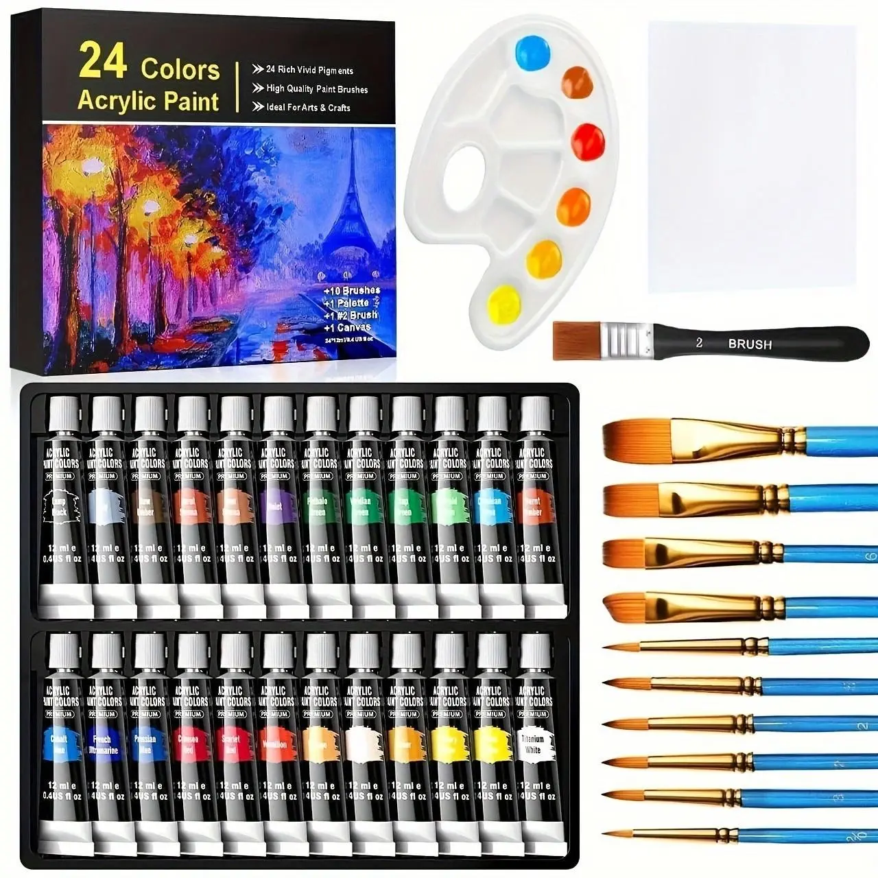 24-Color Acrylic Paint Set, Fast-Drying, Includes 11 Brushes, Palette, Perfect for Canvas, Wood, Ceramic DIY Art Projects