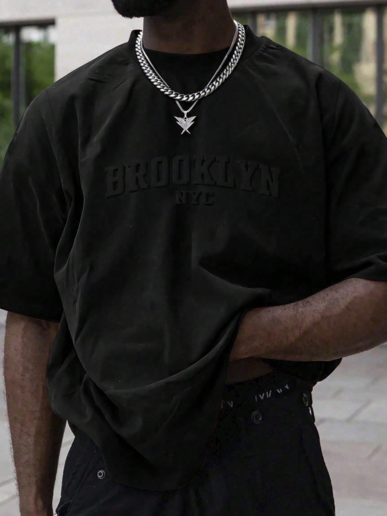 Men's Plain Letter Embossed  Drop Shoulder Tee, Regular Fit Casual Short Sleeve Round Neck T-shirt for Summer, Fashion Men's Top for Daily Wear