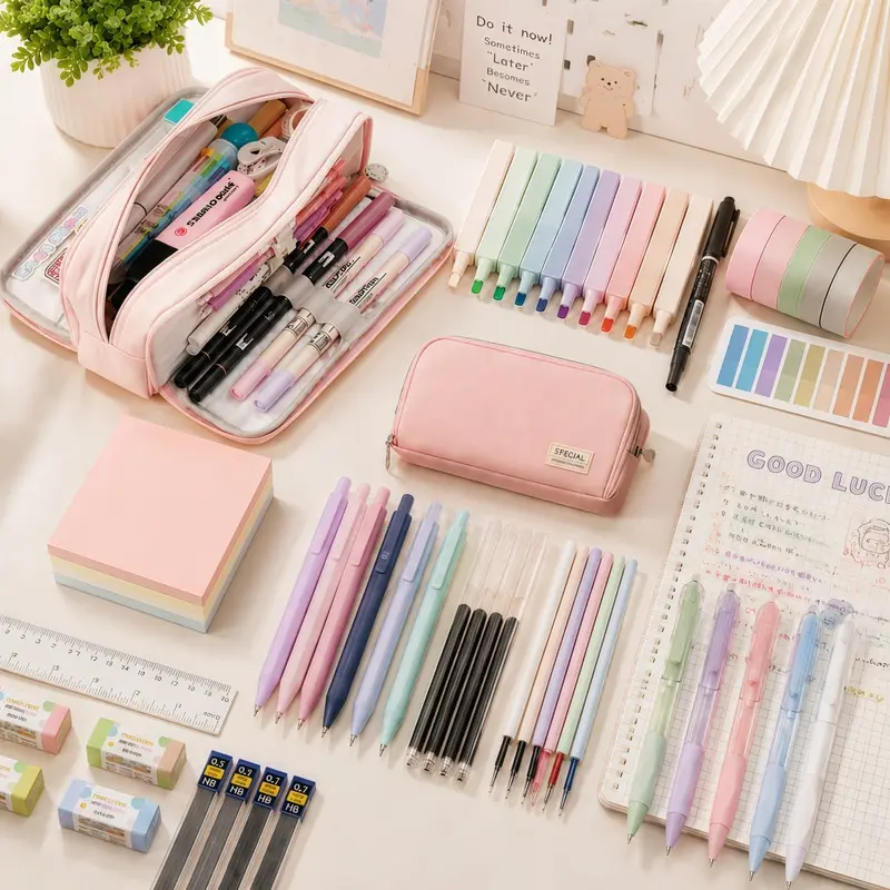 56/54PCS Stationery Set with Pencil Case includes ballpoint pens, gel pens, mechanical pencils, highlighters, erasers, desk accessories, School classroom supplies