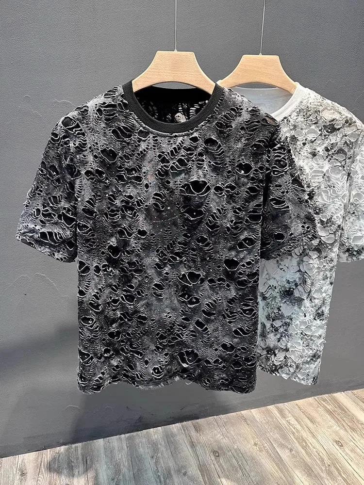Summer 2026 Trendy Brand Men's T-shirt Loose Casual All-Match Tie-Dye Hole Design round Neck Short Sleeve Breathable