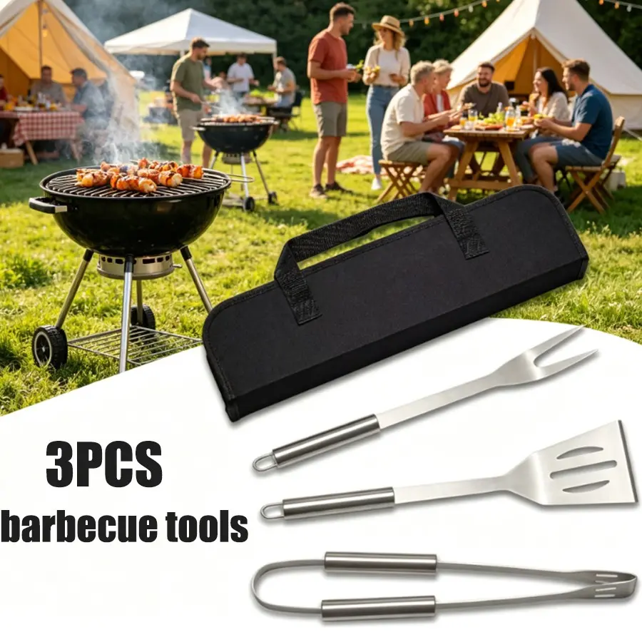 3-Piece Stainless Steel BBQ Grilling Tool Set with Carry Bag, Portable, Rust-Resistant, Dishwasher Safe, BBQ Tools