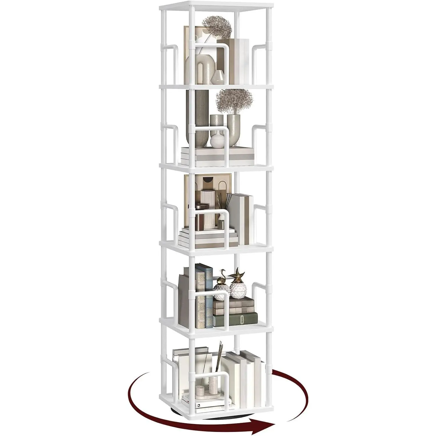 5-Tier Rotating Bookshelf, Freestanding Corner Bookshelf, 360° Spinning Bookcase, Industrial Style Storage Rack with Rails, for Living Room, Bedroom, Study, White BKWT1601
