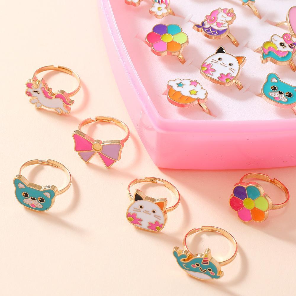 Heart Shaped Gift Box with Ring Set, Stackable Rings, 24pcs/set Cute Colorful Cartoon Design Ring, Party Gift for Girls