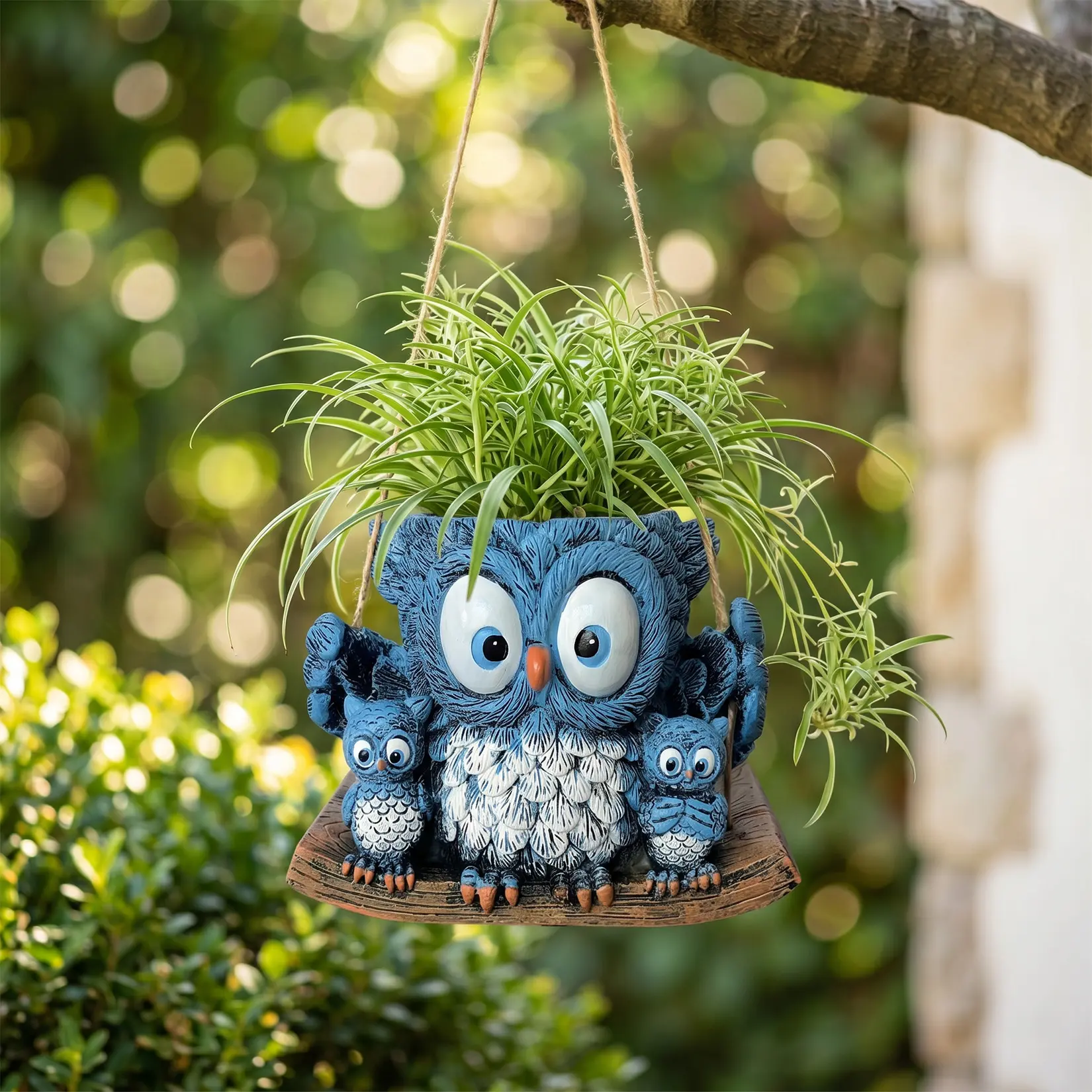 Owl Hanging Planter, Resin Flower Pot with Natural Rope, No-Drill Swing Design for Window, Patio, Indoor & Outdoor Garden Decor