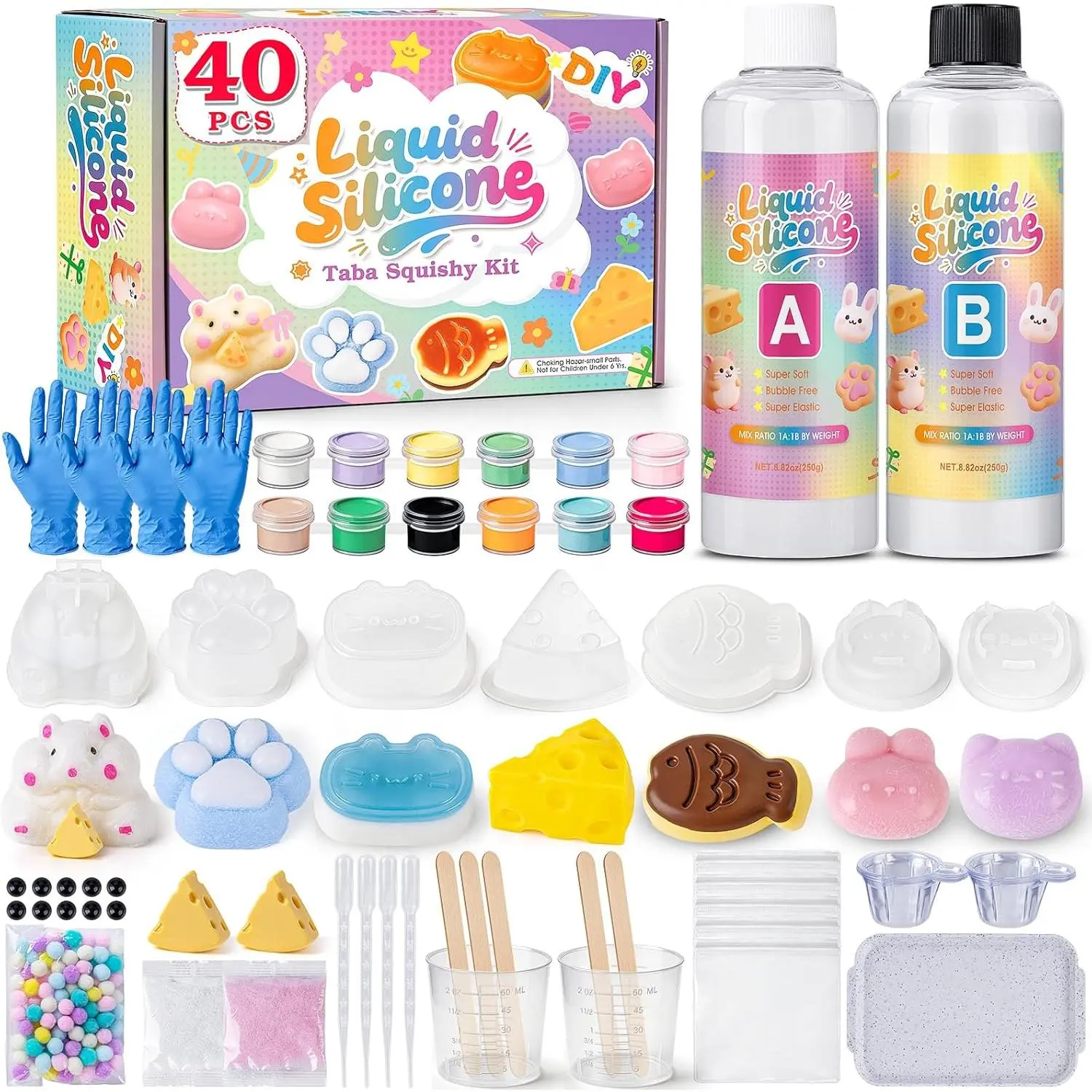 Taba Squishy Making Kit, DIY Taba Squishy Kit, 18oz FuFu Squishy 7 Molds Silicone, Liquid Silicone 1:1 AB Ratio Epoxy Resin Mix for Squishy, Stress Relief Taba Squishies, Gifts for Any Occasion