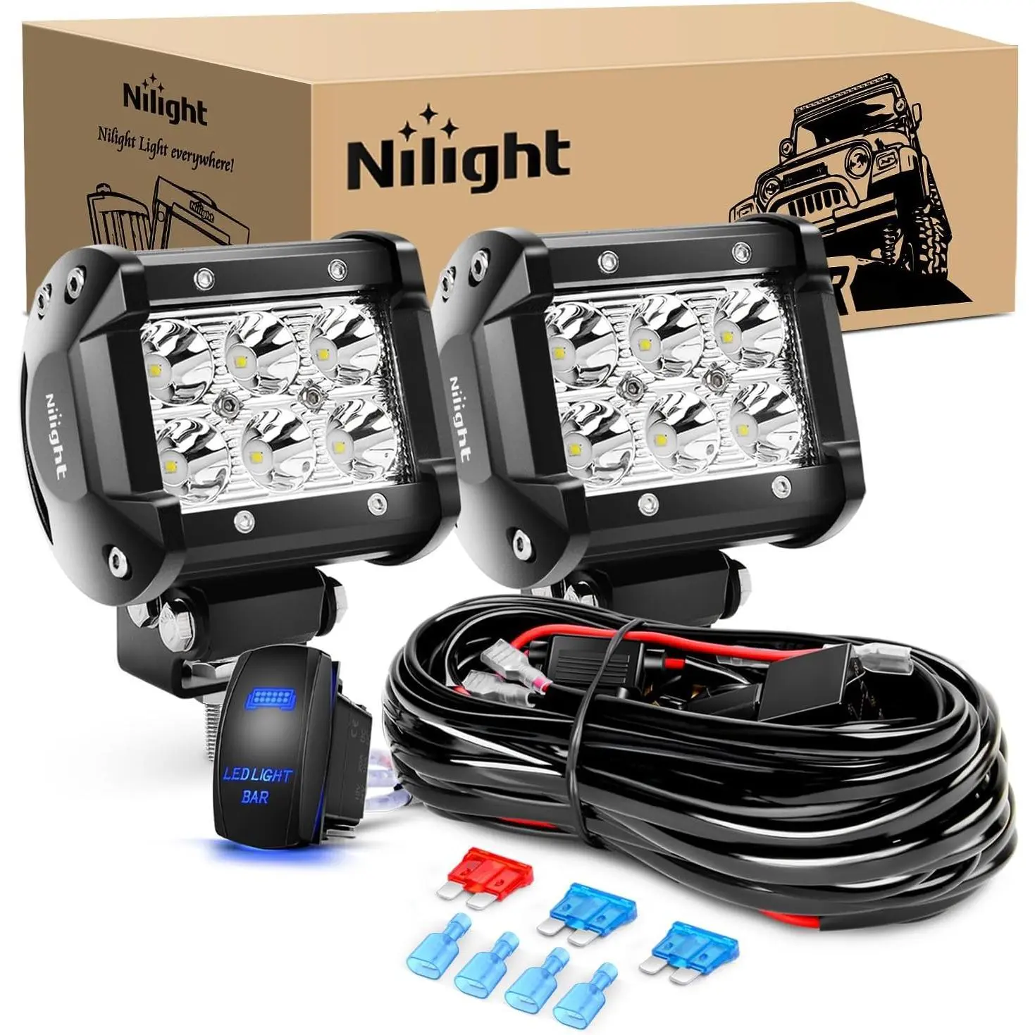 Nilight 2PCS 18W Spot Beam LED Pods (1260lm, 18W Output) with 12V 5-Pin Rocker Switch, 1x Wiring Harness Kit, Waterproof Aluminum Brightening Car Lighting for Trucks, SUVs, Ships, Yachts (-40~85°C Auto Parts), Off-Road