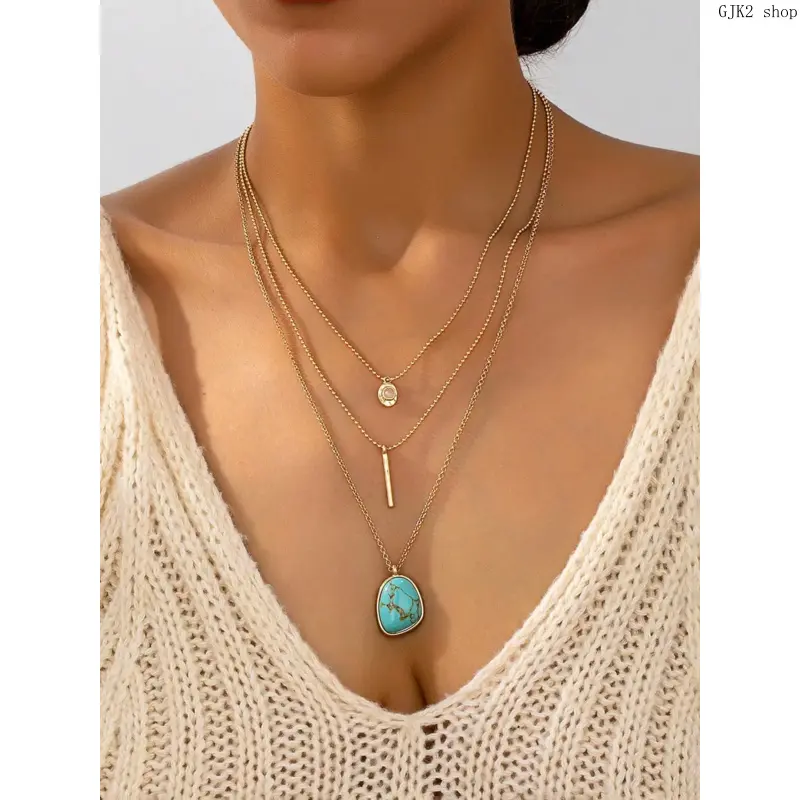 Multi Layer Turquoise Necklace, Gold Western Stack Pendant Neck Jewelry